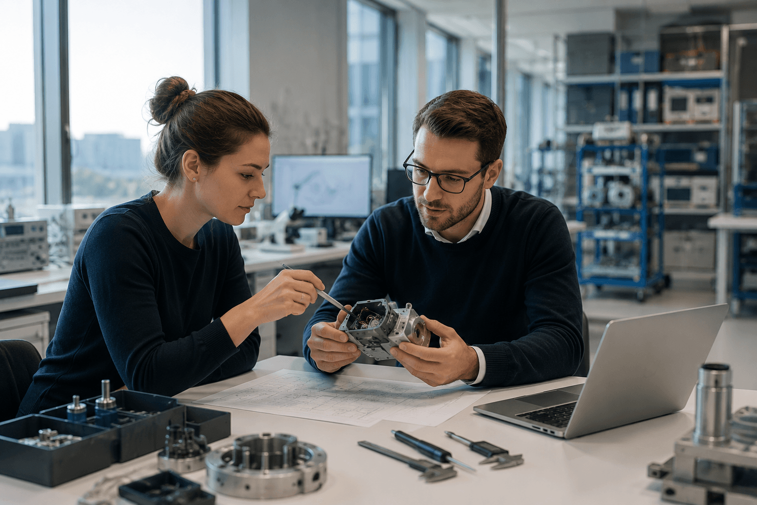 Zwei Ingenieure untersuchen eine mechanische Baugruppe im Engineering-Labor — Hochqualifizierte Fachkräfte in der Industrie